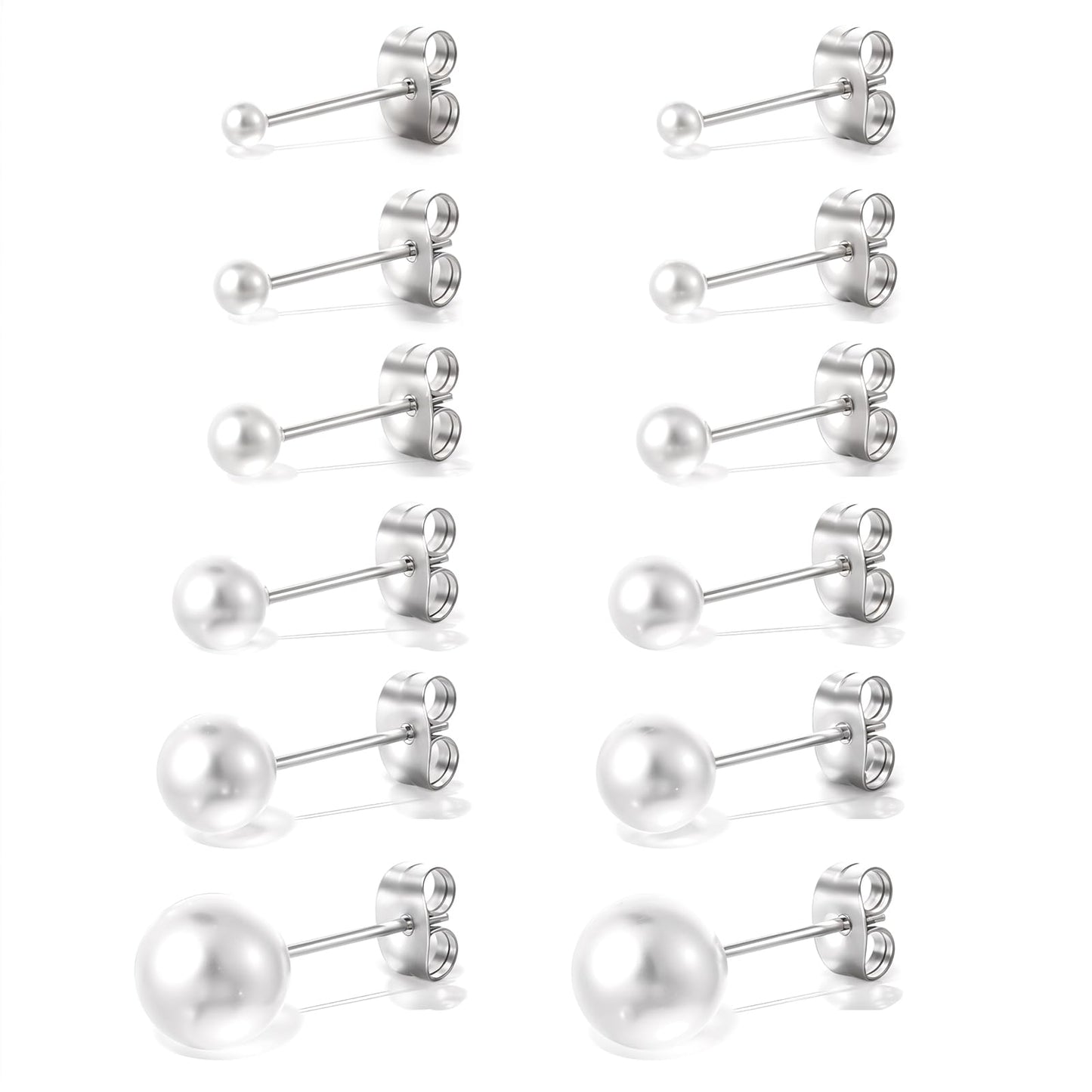 6 Pair White Pearl Earrings Stainless Steel Pearl Earrings Faux Stud Composite Round Ball Stud Mixed Sizes Imitation Stainless Steel Set for Girls Women(6 Sizes)