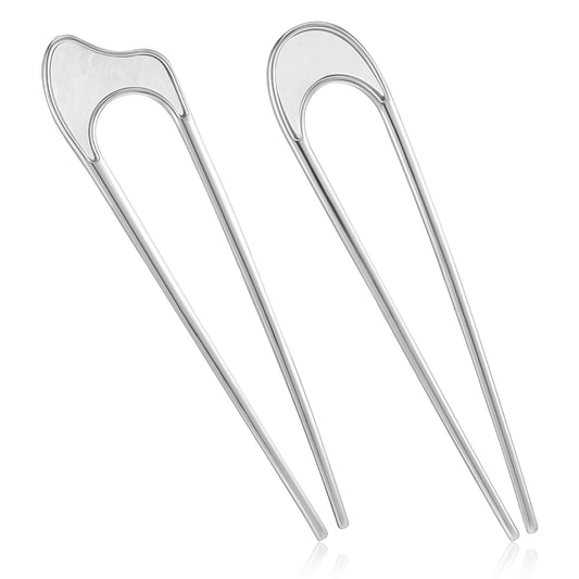 2PCS French Hair Pin 4.3" & 3.9" Vintage U-Shaped Metal Hair Forks for Women and Girls, Silver Hair Sticks for Buns, Elegant French Twist Hair Pin Accessories for Long and Thick Hair(Silver)