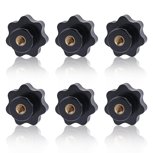 Teaaha 6PCS 6-Star Knobs M6-1/4-20 Inch Screw-On Type, Knurled Threaded Nylon Clamping Knobs for Hand Tightening (Black, M6)
