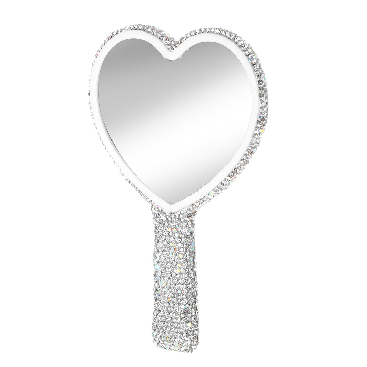 Ouligay Large Heart Handheld Mirror with Handle 6.3x4.3 Inch Glitter Rhinestone Hand Held Mirror Portable Travel Cosmetic Lash Mirror for Women Wedding Birthday Gift Silver White