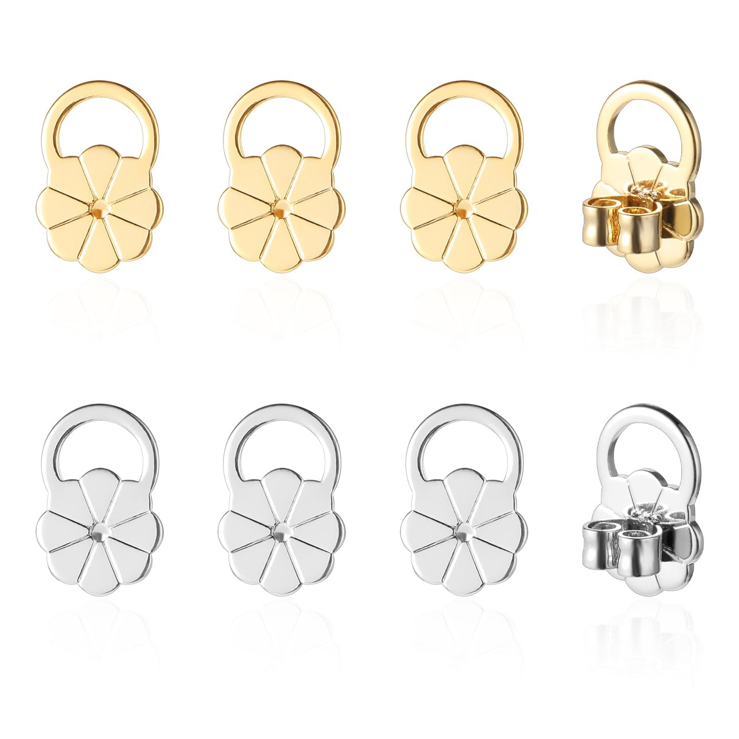 Nogeqi 4 Pairs Earring Supports for Heavy Earrings, Silver Gold Pierced Earring Backs for Droopy Ears Ear Lifting, Hypoallergenic Adjustable Crown Backs for Earrings Heavy Earring Support Backs