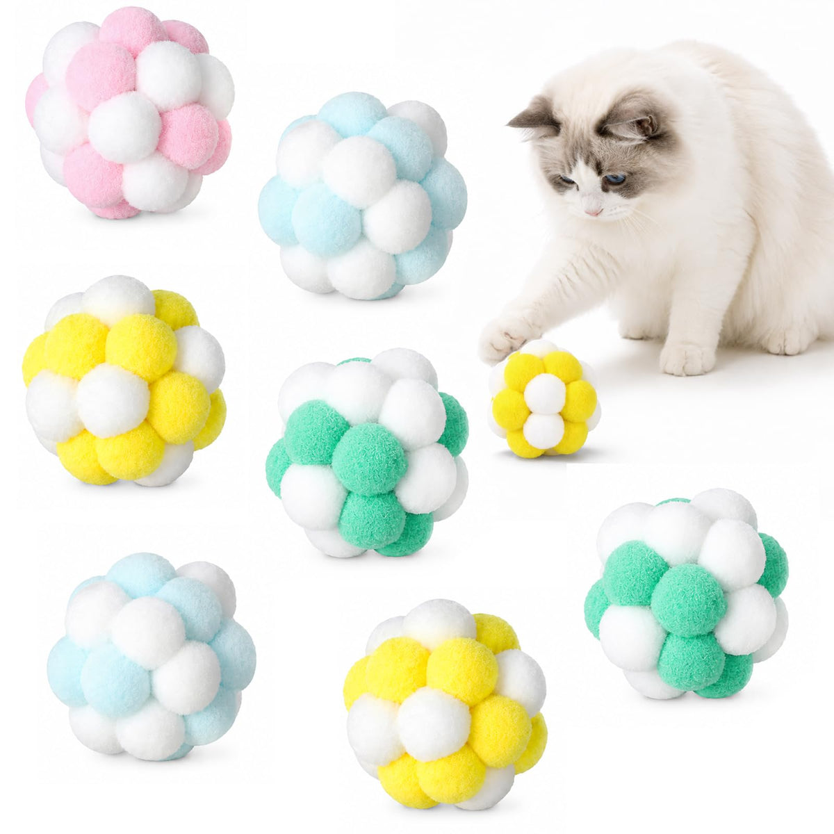 ZAHESIDS 7 Pack Cat Toy Balls with Bells 2-Inch Soft Cat Pom Poms Balls