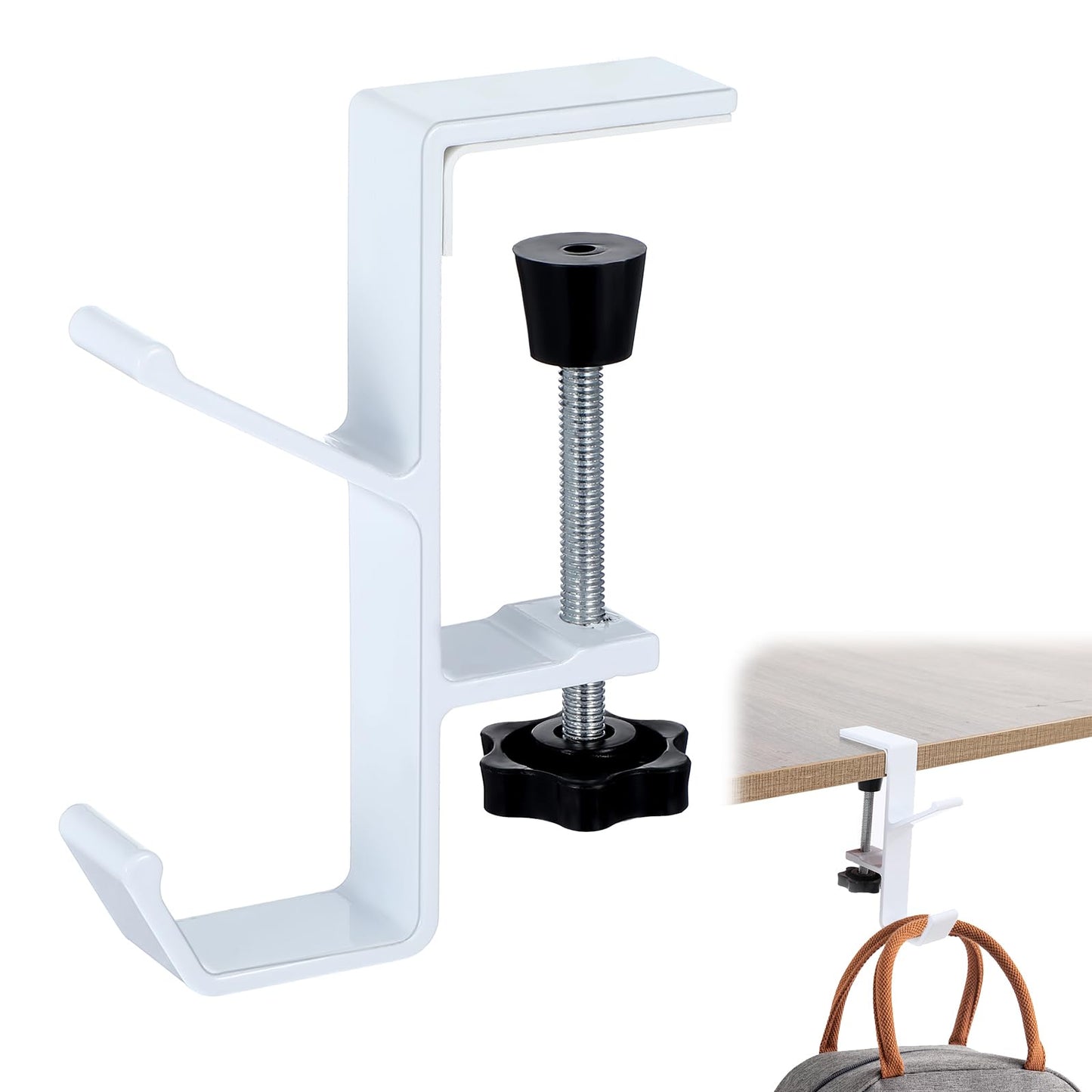 Desk Handbag Hanger, Mental Mount Bag Holder Hook Clamp Adjustable Desk Bag Clamp Desk Hook Portable Desk Mount Headphones Holder for Reduce Desk Clutter Table Desk Table Hanging Storage(White)