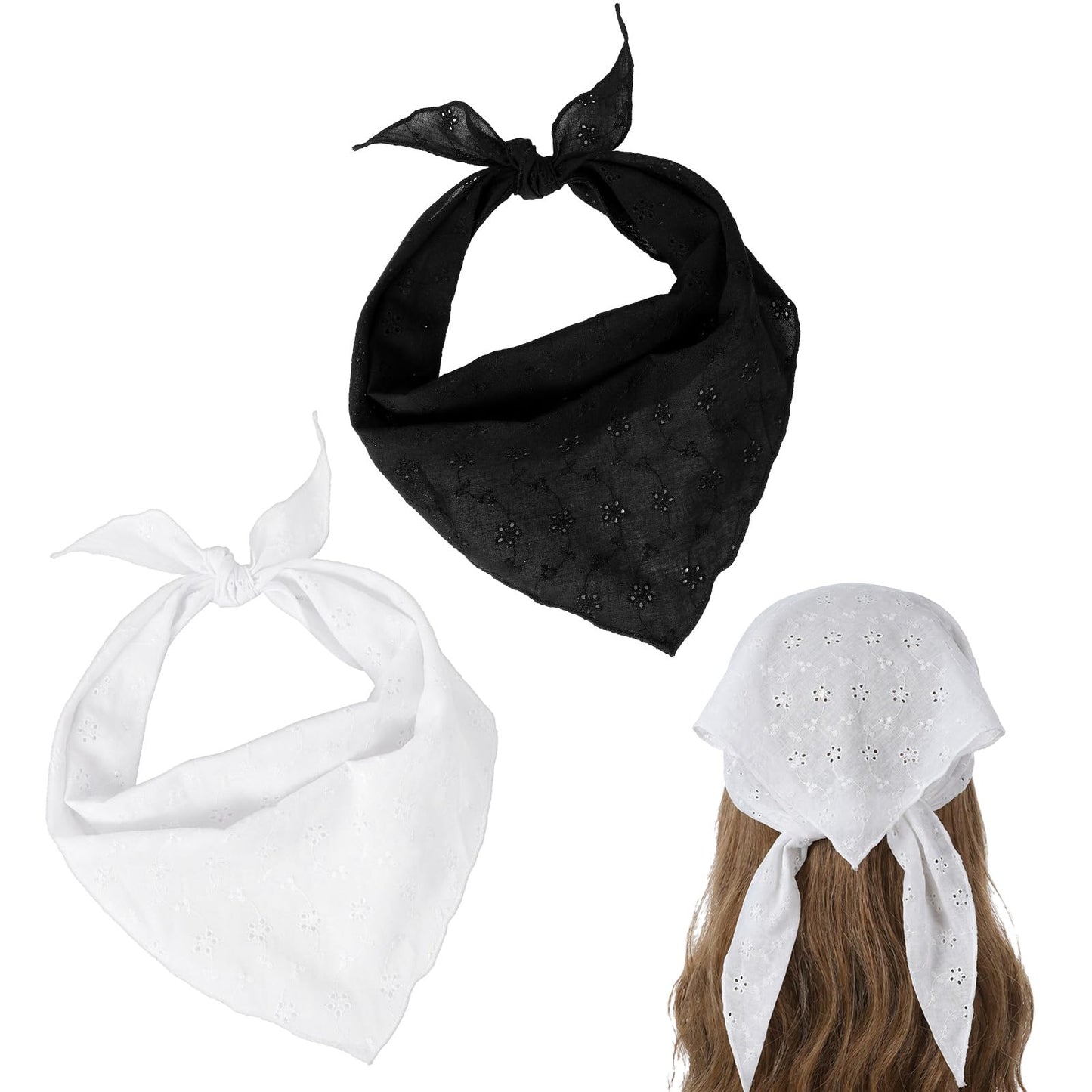 Xindojuz 2 PCS White & Black Head Scarf Headband for Women's Hair, Bandanas for Women, Lace Hair Scarf Bandana Headbands, Cute Stylish Women Girls Head Kerchief Scarves Summer Accessories