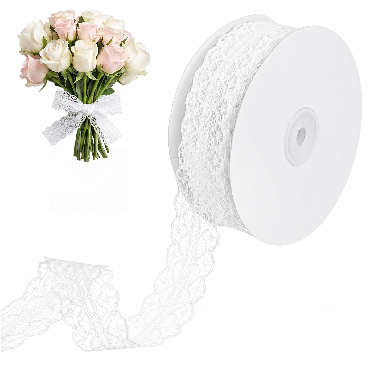 Chsoejuf 45.72m White Lace Ribbon Roll 3cm Width Elastic Elegant Laces Trim