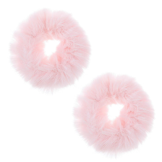 2 PCS Pink Pom Pom Hair Ties Pink Fuzzy Scrunchies Fuzzy Furry Faux Rabbit Fur Scrunchies Elastic Pink Fuzzy Hair Ties Pink Fuzzy Hair Pom Pom Ponytail Holders for Girls Women Hair Cosplay Halloween