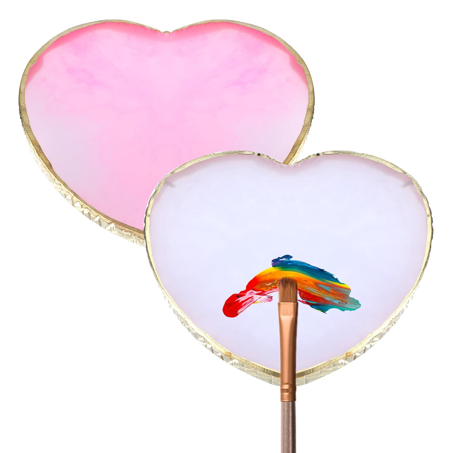 2PCS Resin Nail Art Palette Set Heart Shaped Nail Polish Mixing Plate, Gold Edge Gel Paint Tray Nail Color Display Board Nail Holder for Nail Polish Cosmetic and Makeup Manicure Tools(Pink, White)