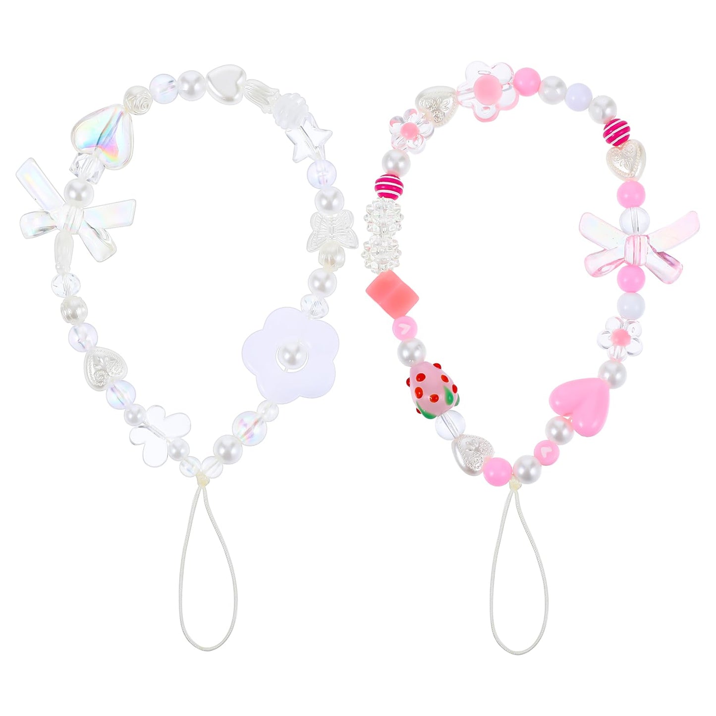 2 PCS Phone Charms Beaded Strap, Cute Pink Phone Charm String Handmade Phone Lanyard Wrist Strap Y2K Aesthetic Phone Keychain Charm Decoration for Bag Purse Camera Wallet Women Girls Wristlet Chain