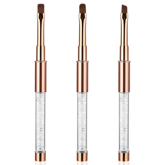 Teaaha Gel Nail Brush, 3 PCS Flat/Oval/Fine Angled Builder Gel Brush Rhinestone Handle Professional Hard Gel Brush for Nail Art Design Painting DIY and Cleaning Polish on the Cuticles(Rose Gold)
