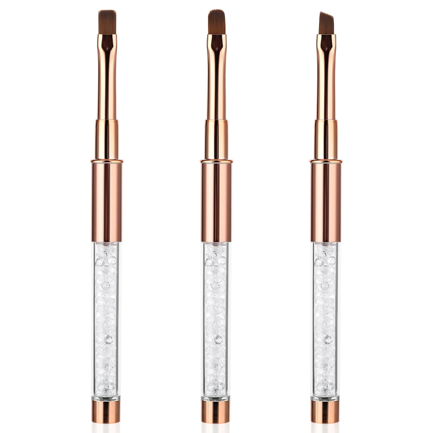 Teaaha Gel Nail Brush, 3 PCS Flat/Oval/Fine Angled Builder Gel Brush Rhinestone Handle Professional Hard Gel Brush for Nail Art Design Painting DIY and Cleaning Polish on the Cuticles(Rose Gold)