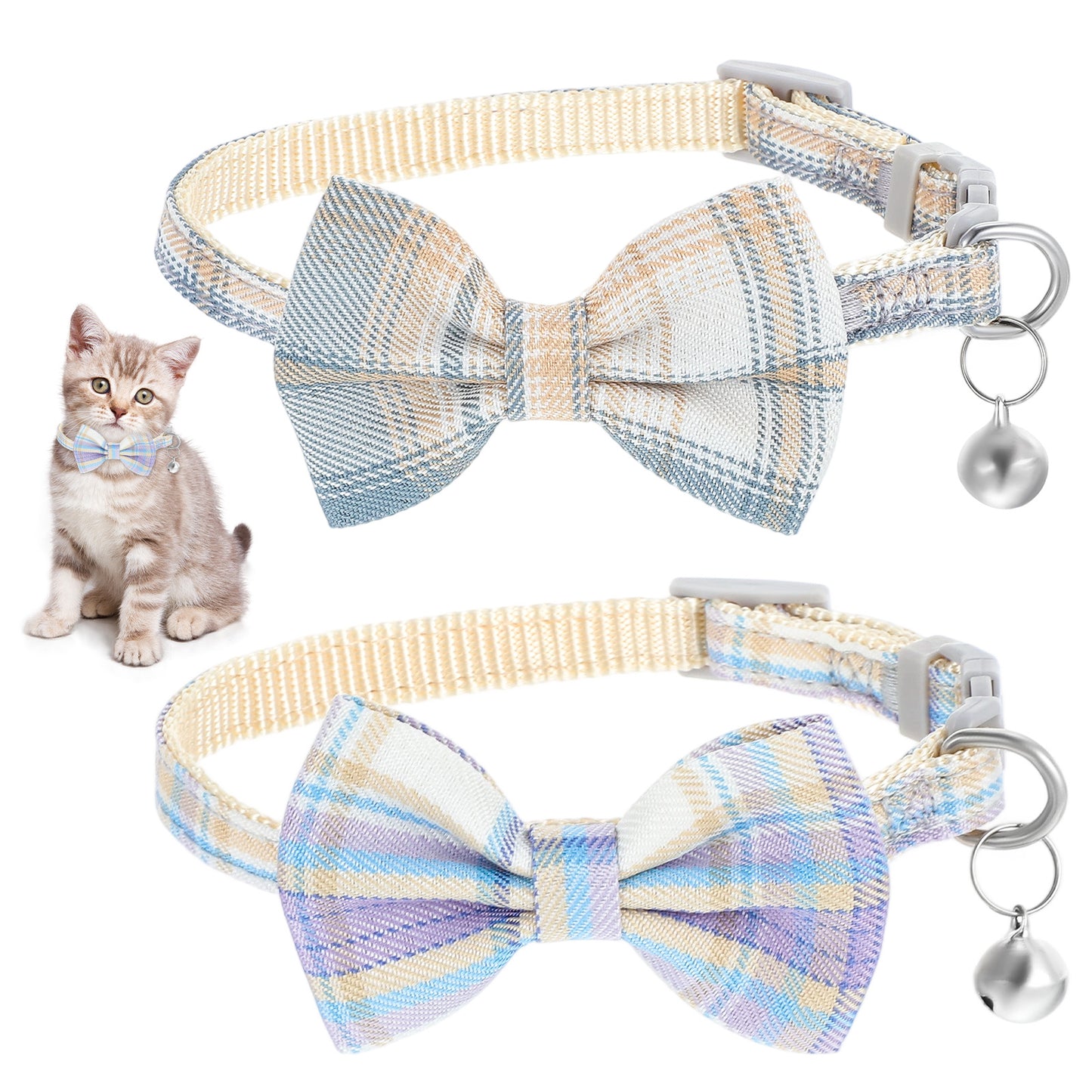 2 Pcs Cat Collar Breakaway with Bells Bowtie Adjustable Kitten Collar with Bell and Buckle for Kitten Puppy and Small Pets (Beige, Blue)