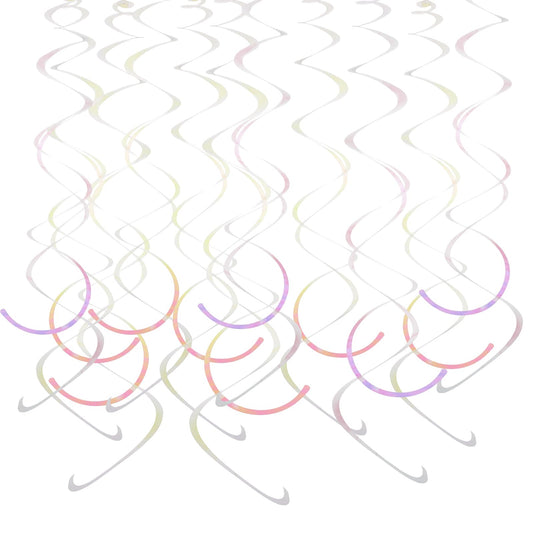 Teaaha 24PCS Iridescent White Hanging Swirls, Hanging Swirl Decorations Iridescent-Streamers Plastic Streamers for Ceiling, Silver Hanging Streamers for Birthday Party Wedding Baby Shower
