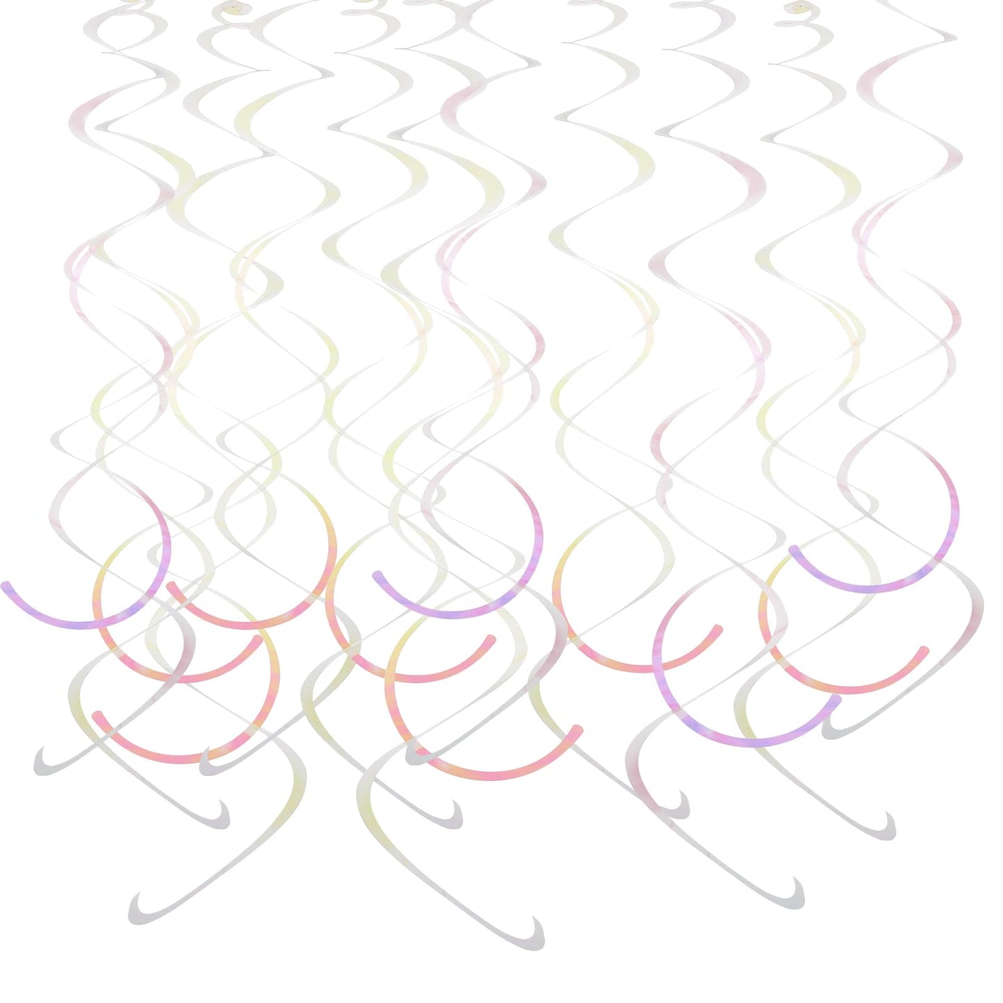 Teaaha 24PCS Iridescent White Hanging Swirls, Hanging Swirl Decorations Iridescent-Streamers Plastic Streamers for Ceiling, Silver Hanging Streamers for Birthday Party Wedding Baby Shower