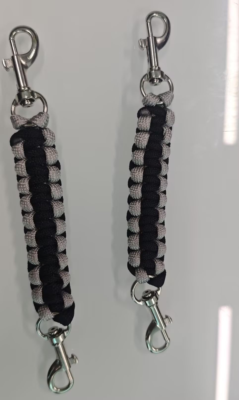 RAHHLIZS 2 Pack Dog Collar Safety Clip Handmade Weaved Backup Dog Safety Clip Strap Double-Ended Clasp Leash Connector Suitable for Dogs Harnesses, Collars (Black+Gray)