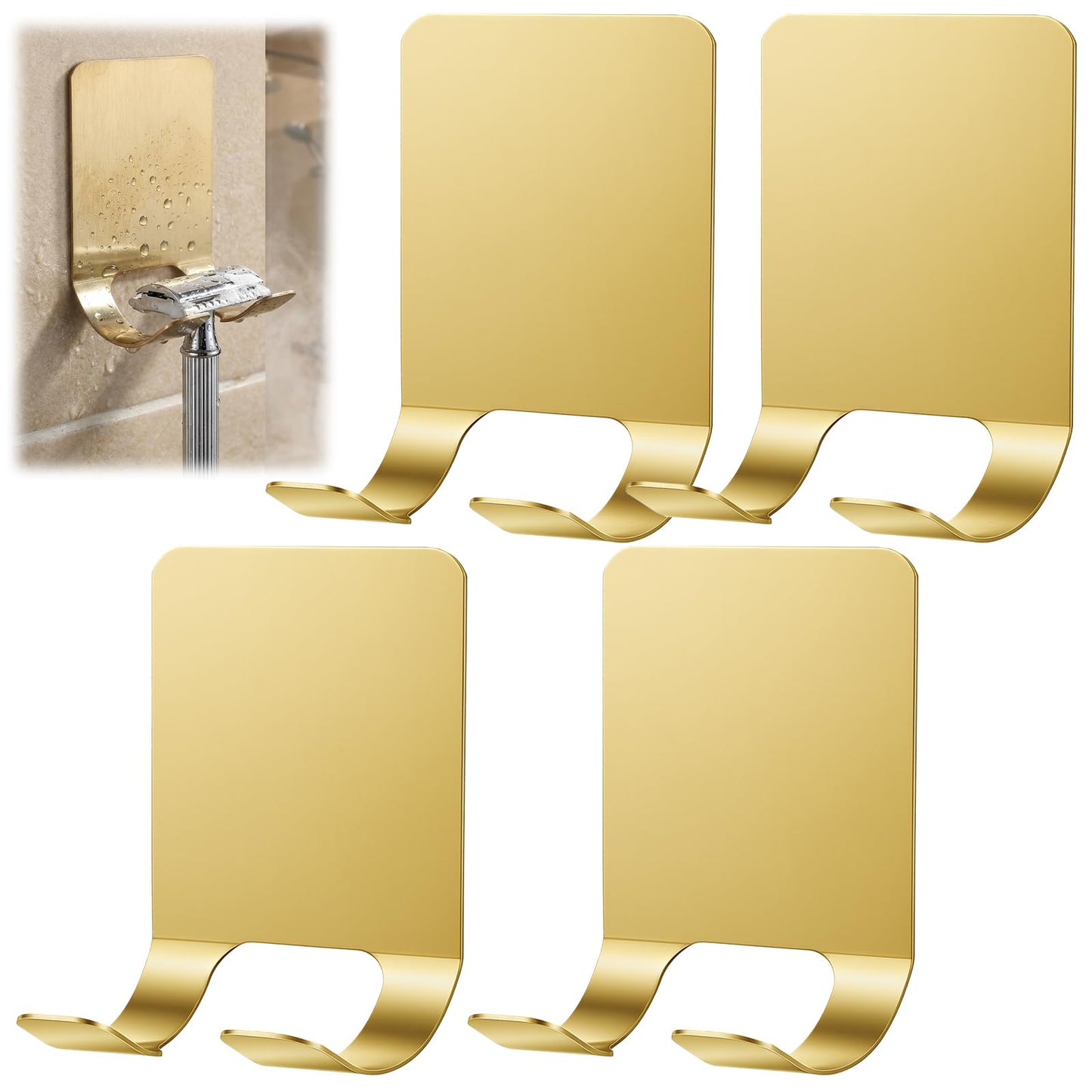 Sorcristy 4 PCS Razor Shower Holder, Gold Adhesive Hook Waterproof Storage Hanger Hooks Holder for Bathroom Kitchen Organization Towels Accessories