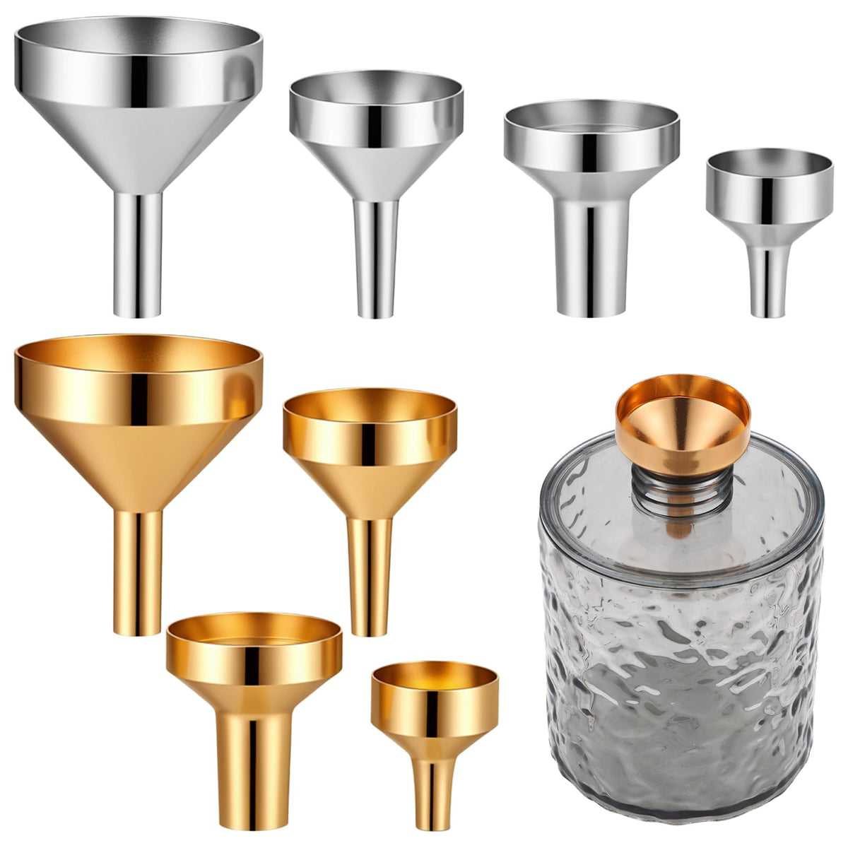 Chsoejuf 8PCS 4 Size Mini Metal Funnel for Filling Small Bottles