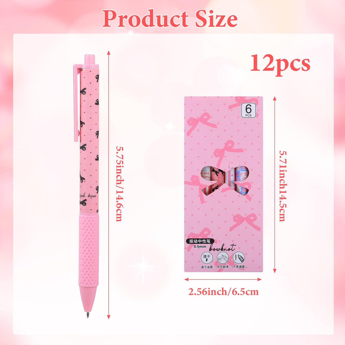 Mabor 12Pcs Pink Bow Pens - Cute Ballpoint Gel Pens Set, Coquette Stationery for Women Office School Supplies