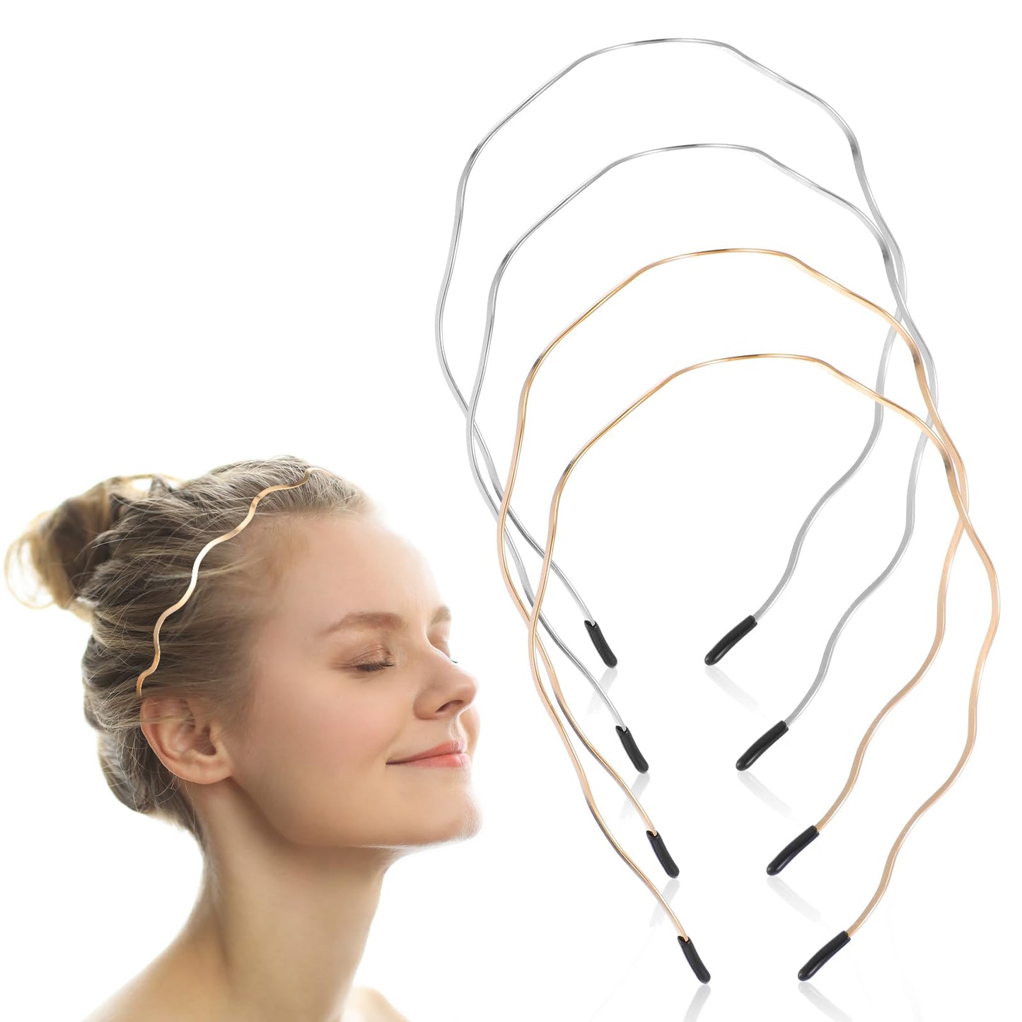 4 PCS Metal Headbands for Women Trendy Silver Gold Metal Headband Wire Headband Retro Big Wavy Headband Gold and Silver Wavy Hoop Thin Hair Bands Elastic Gold and Silver Designer Hair Accessories