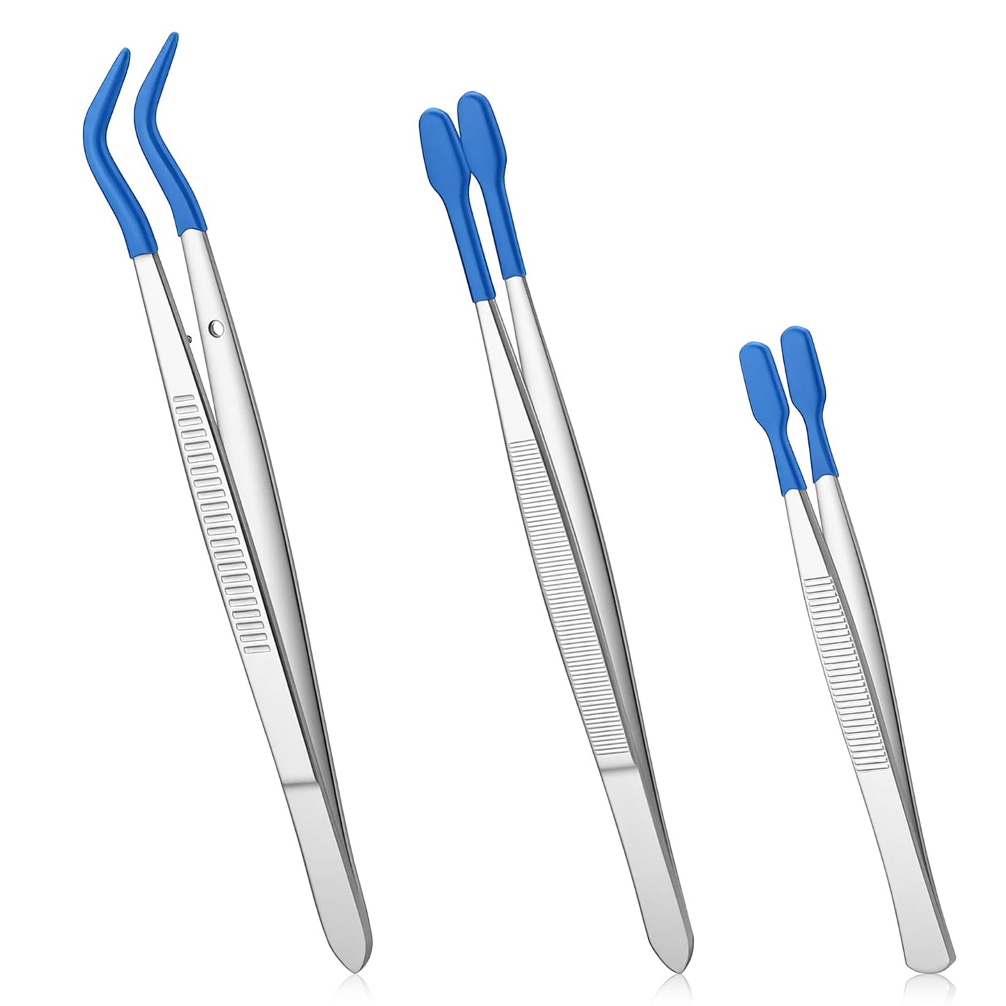 3pcs Rubber Tipped Tweezers Long Bent and Straight Flat Tip Precision Tweezer Set Stamp Tweezer Crafts Tweezers Coated Craft for PVC Silver Blue Tip for Electronic Lab Coin Beads Jewelry Industrial