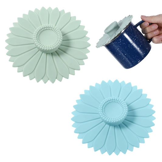 2 Pcs Sunflower Silicone Cup Covers, Cup Covers for Drinks for Safety, Silicone Lids for Cups, Blue Green Cups Lids, Flexible Mug Cover Outdoor for Hot Drinks, Tea, Coffee