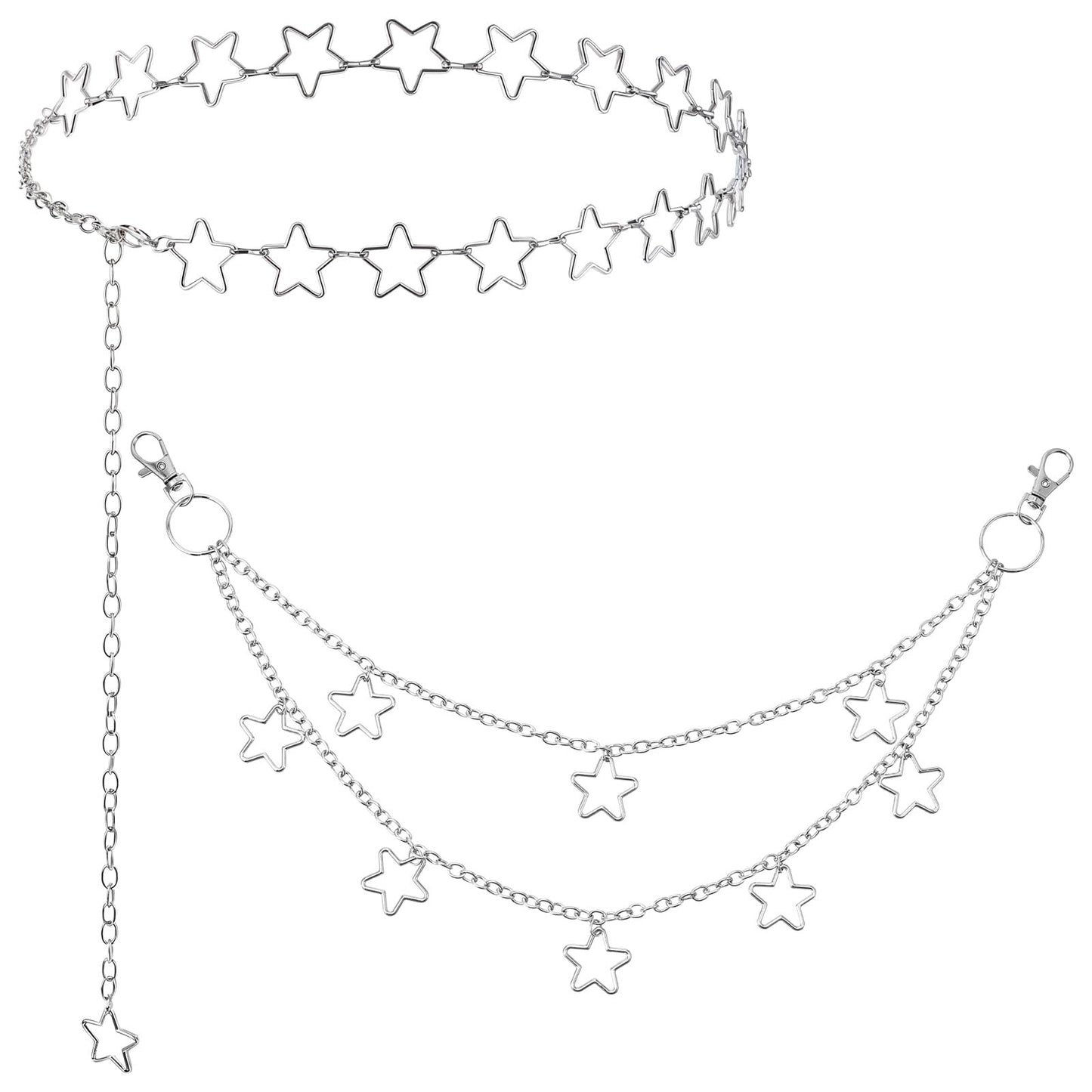 Xindojuz 2 PCS Silver Star Waist Chain Belt, Adjustable Western Metal Jeans Pants Pocket Punk Hip Hop Wallet Chains for Women Men Body Belly Chain Goth Y2K Accessories (2 Styles)
