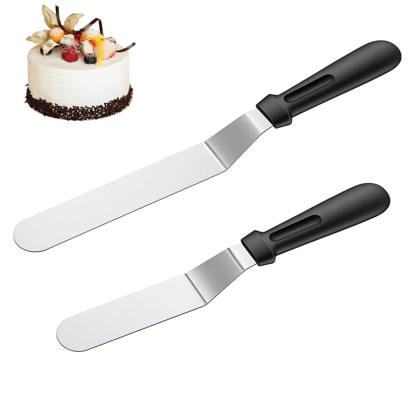 Nogeqi Set of 2 Angled Palette Cake Large with Curved Handle, Stainless Steel Cake Spatula for Smoothing, Silver Cake Knife, Cake Kitchen Set, Cake Scraper Baking Cake Palette for Decorating