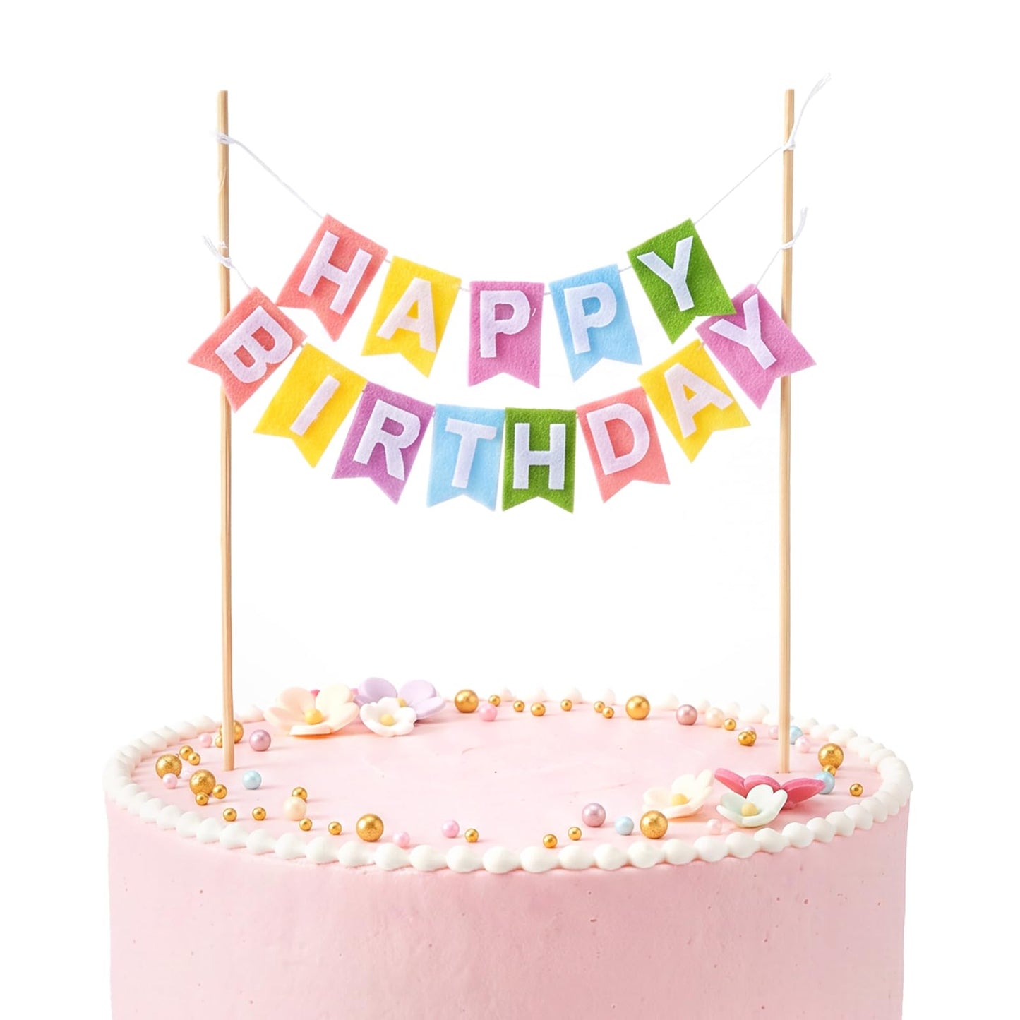 Chsoejuf 1 Set Rainbow Felt Happy Birthday Cake Topper Banner Sign