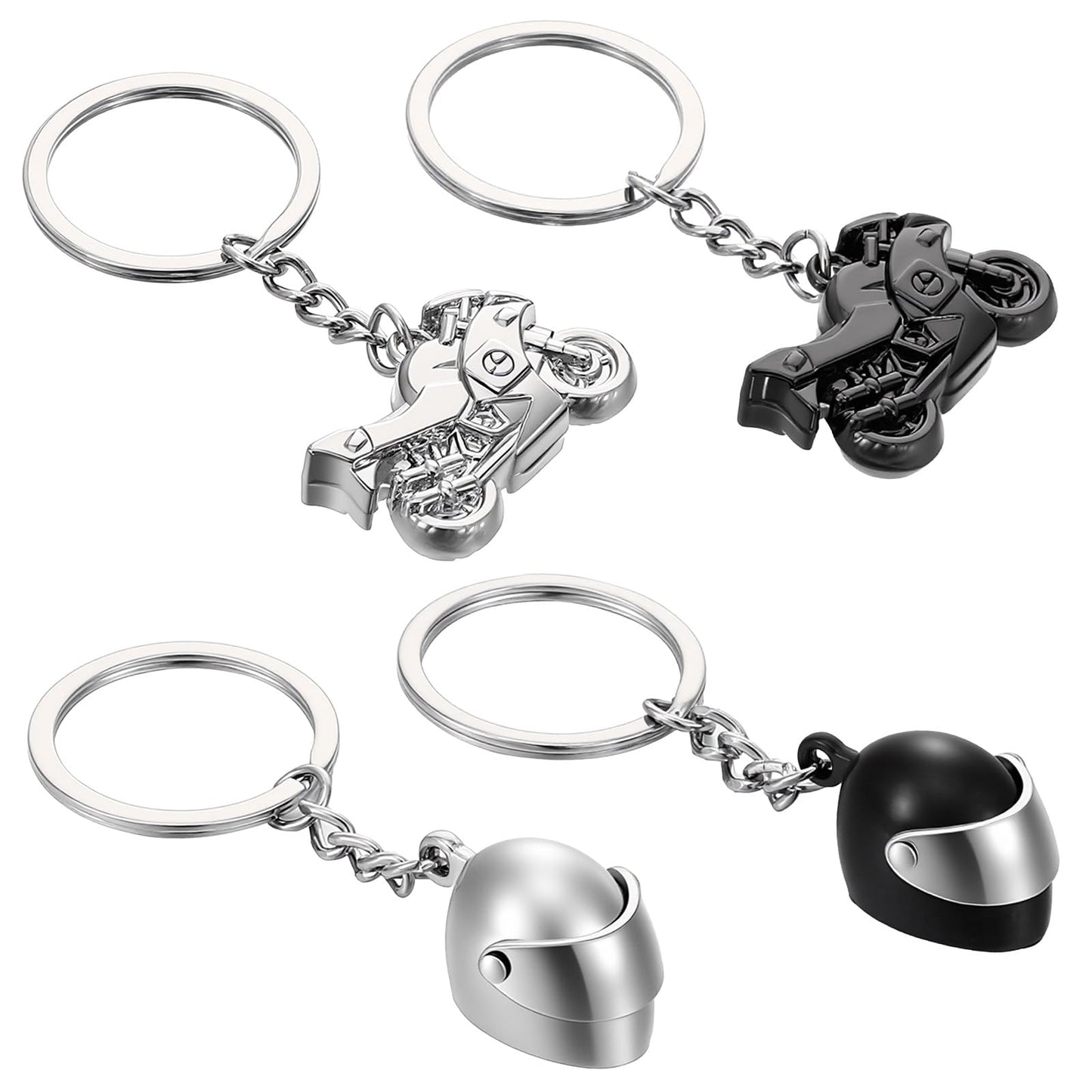 Sorcristy 4 PCS Motorcycle Keychain Set, Men's Keyrings & Keychains Cool Motorcycle Accessories Metal Keychain Gifts 3D Mini Helmet Keyring Set for Men Women Bikers (Black Silver)