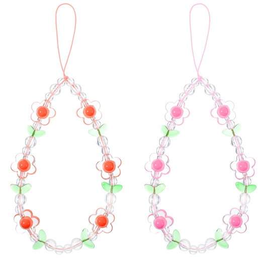 2 PCS Cute Beaded Phone Charms Strap, Flower Pearl Bracelet Wrist Strap Lanyards Pink Orange Camera Pendants Y2k Accessories, Aesthetic Cell Phone Keychain Decoration for Women Phone Bag Wallet