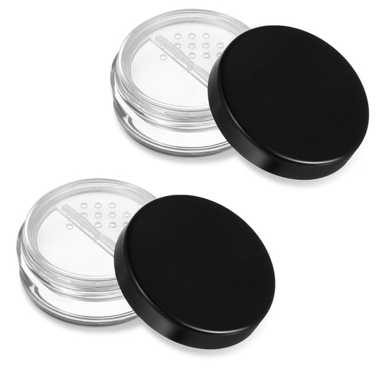 2Pcs 10ml/0.34oz Plastic Empty Travel Small Loose Powder Compact Makeup Container Refillable DIY Makeup Powder Bottle Box Reusable No Leak Holder with Rotatable Sifter and Black Screw Lid