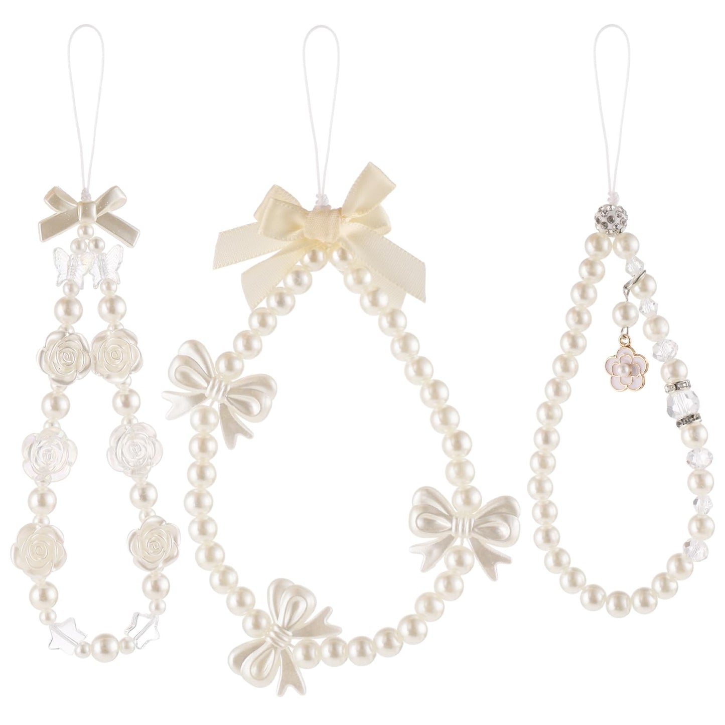 Mabor 3Pcs Beaded Phone Bracelet Strap, Cute Butterfly Bow Phone Charm for Women Bow White Pearl Phone Strap Chain Wrist Lanyard Chain for Phone Keychain