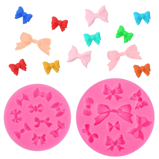 Xinjoduz 2 PCS Bows Silicone Fondant Mold, Chocolate Sugar Molds Silicone Candy Baking Molds Mini Pop Cake Mold for Birthday Wedding Party DIY Cake Decorating Craft Molds (Pink, 2 Size)