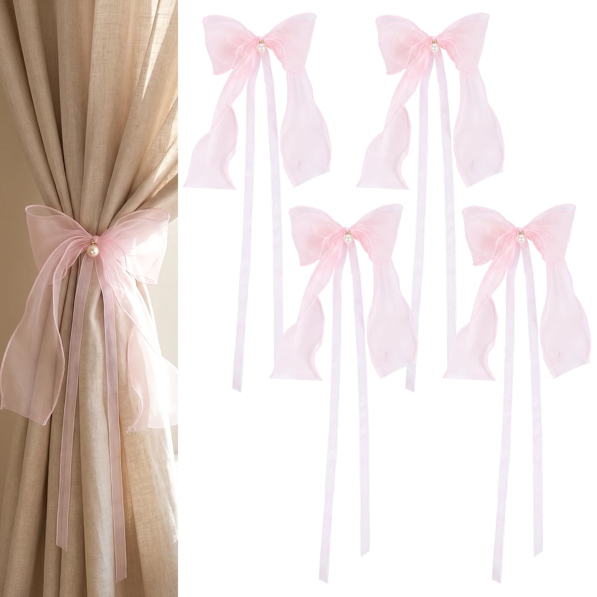 Chsoejuf 4 PCS Bow Curtain Tiebacks, French Lace Ribbon Curtain Holdbacks