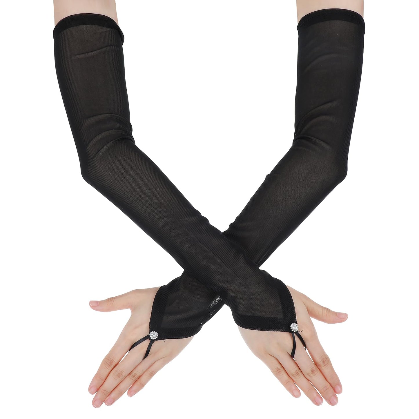 Bremorou Women's Long Fingerless Sheer Gloves Elegant Black Sheer Mesh Long Tulle Gloves For Bridal Wedding Opera And Costume Parties For Formal Occasions And 1920s Themed Events