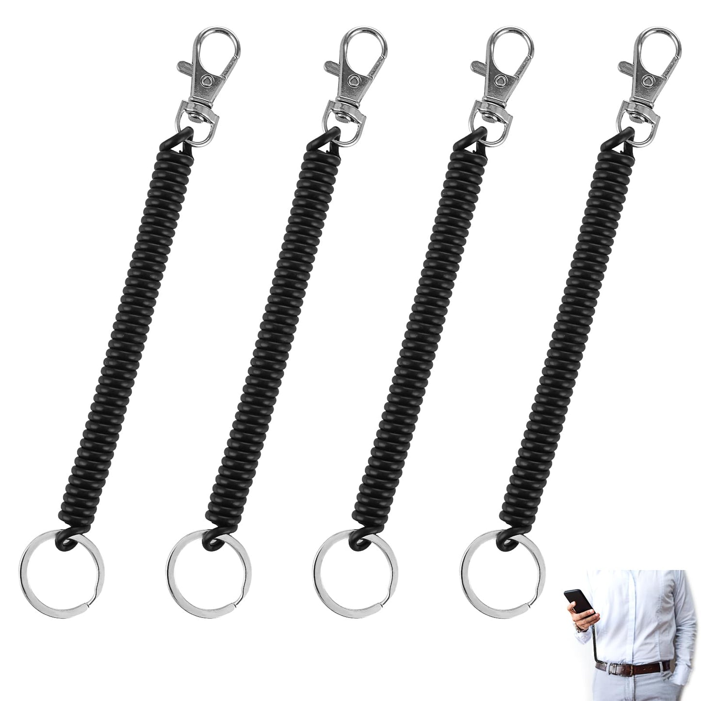 Ouligay 4pcs Stretchy Spiral Keyring, Black Extendable Key Chain, Carabiner Keyring, Personalised Keyring Key Chains For Women for Wallet Chain, Keys, Cellphone