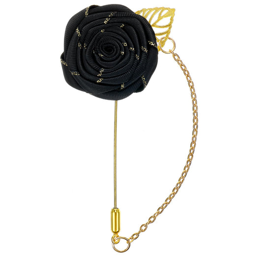 Ymapinc Lapel Pin for Men,Rose Flower Brooch Pin Wedding Brooches,Satin Gold Leaf Fringe Chain Brooch for Suits Jacket Lapel Pins, Groom Best Man Wedding Accessories(Black)