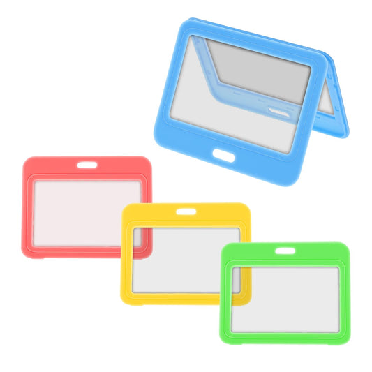 Ymapinc ID Badge Holder, 4 PCS Horizontal Double-Sided Window Name Tags Holder Hard Plastic ID Card Case Protector Pouch Card Protector Cover Case for Office ID Card Exhibition