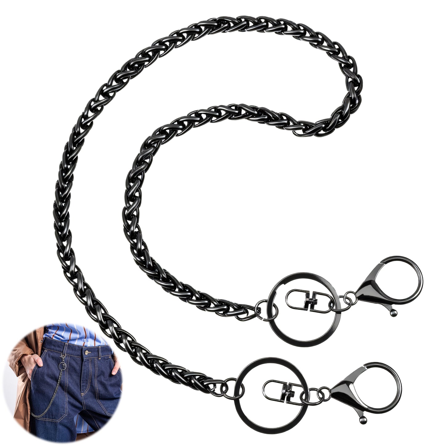 Wallet Chains for Men Heavy Duty Wallet Jean Chains Pocket Chain for Men Pants Chain Belt for Women Hip Hop Key Holder Punk Jeans Biker Motorcycle Keychain Accessories, Black Round Clasp Goth Keyring