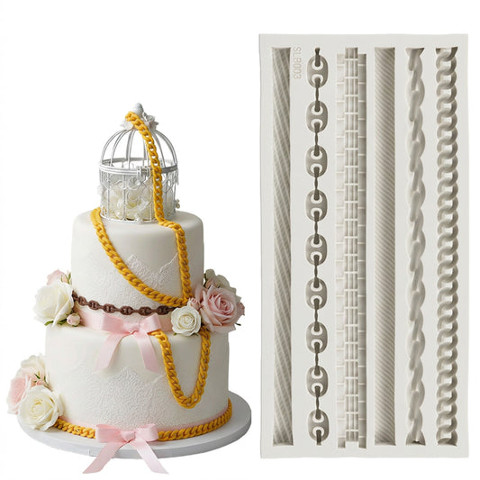 Ymapinc Silicone Chain Mold, 6 Styles Realistic Chain Strip Mould, Cake Border Decoration for Fondant Chocolate Plaster Clay Candle, Handmade Cupcake Toppers Cookies Candy for Wedding Birthday Party