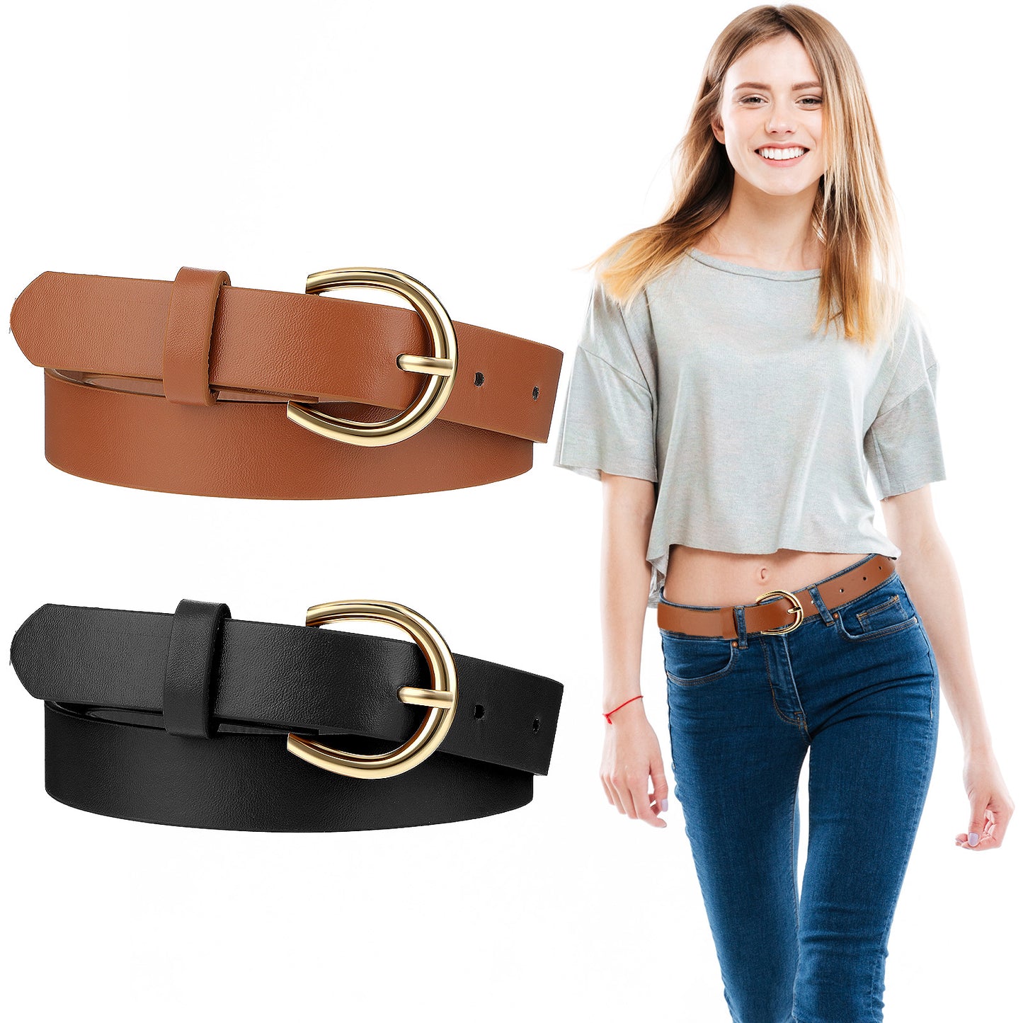 2pcs Girls Belts Size 10-12 Girls Brown Elastic Belt with Double O Ring Buckle Womens Belt Fashion Leather Wais for Jeans Pants Dresses with Black Brown Buckle