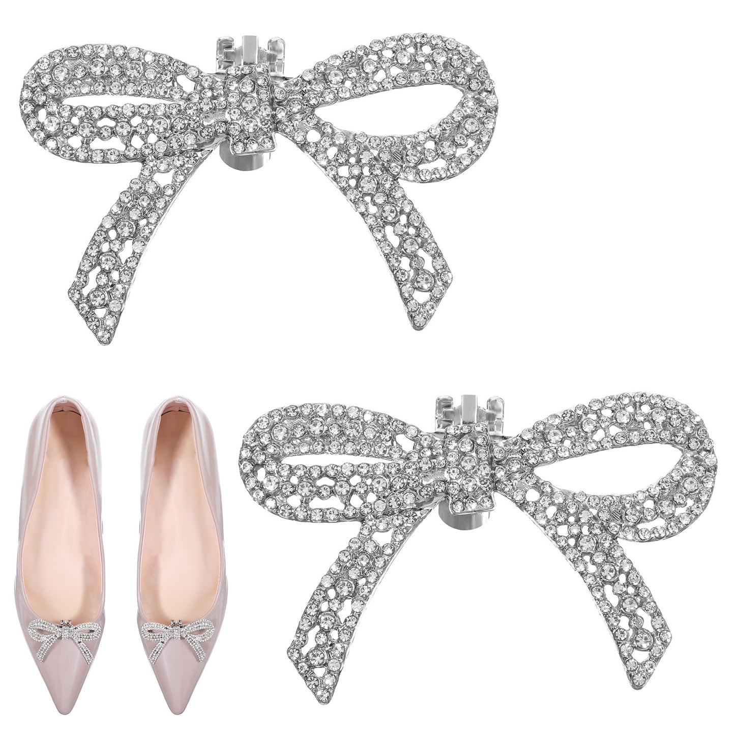 Ymapinc 1 Pair Rhinestone Shoe Bows Clip On, Detachable Rhinestone Bow Shoe Clips Sparkling Bow Heels Shoe Decoration Accessories for Bridal Wedding Party Crystal Shoe Buckles (Silver)