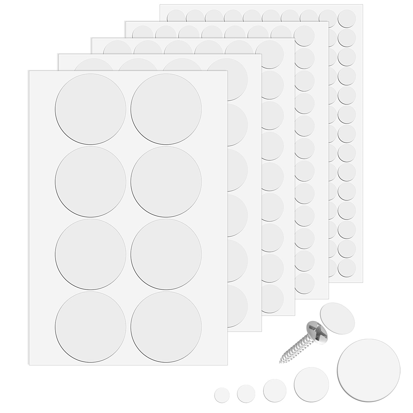 Ouligay 322 PCS Self-Adhesive Screw Hole Sticker, White Screw Covers Stickers, 12mm/15mm/21mm/30mm/50mm Screws Cover Stickers Dustproof Sticker for Various Furniture Cabinet, Drawers, Desks