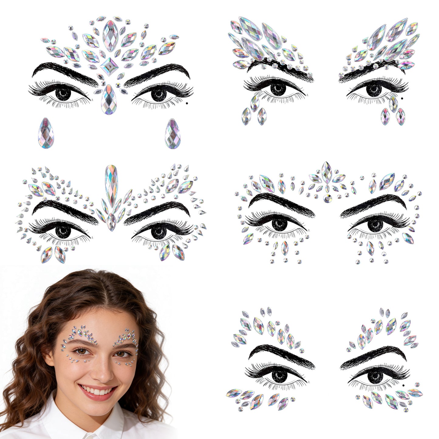 Matwsec 5 Sets Face Gems for Women Self Adhesive Face Jewels Stick on for Christmas Festival Music Rave Festival Carnival Party Makeup Decoration