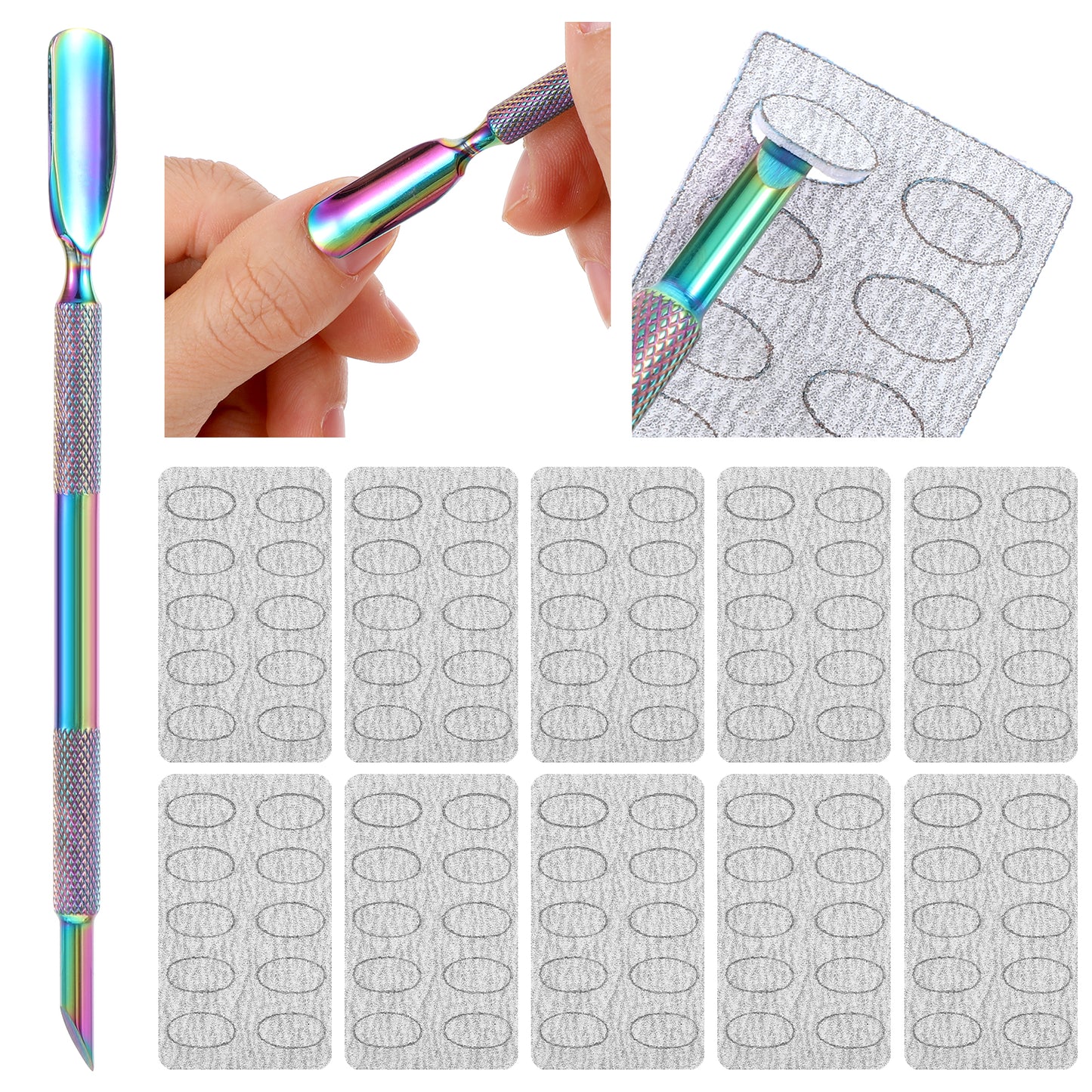 Nogeqi Metal Cuticle Pusher with 100/180 Grit Buffers for Nails, Nail Cuticle Pusher, Professional Stainless Steel Nail Pusher,Dual Ended Cuticle Remover Tool for Manicure Pedicure Nail Art