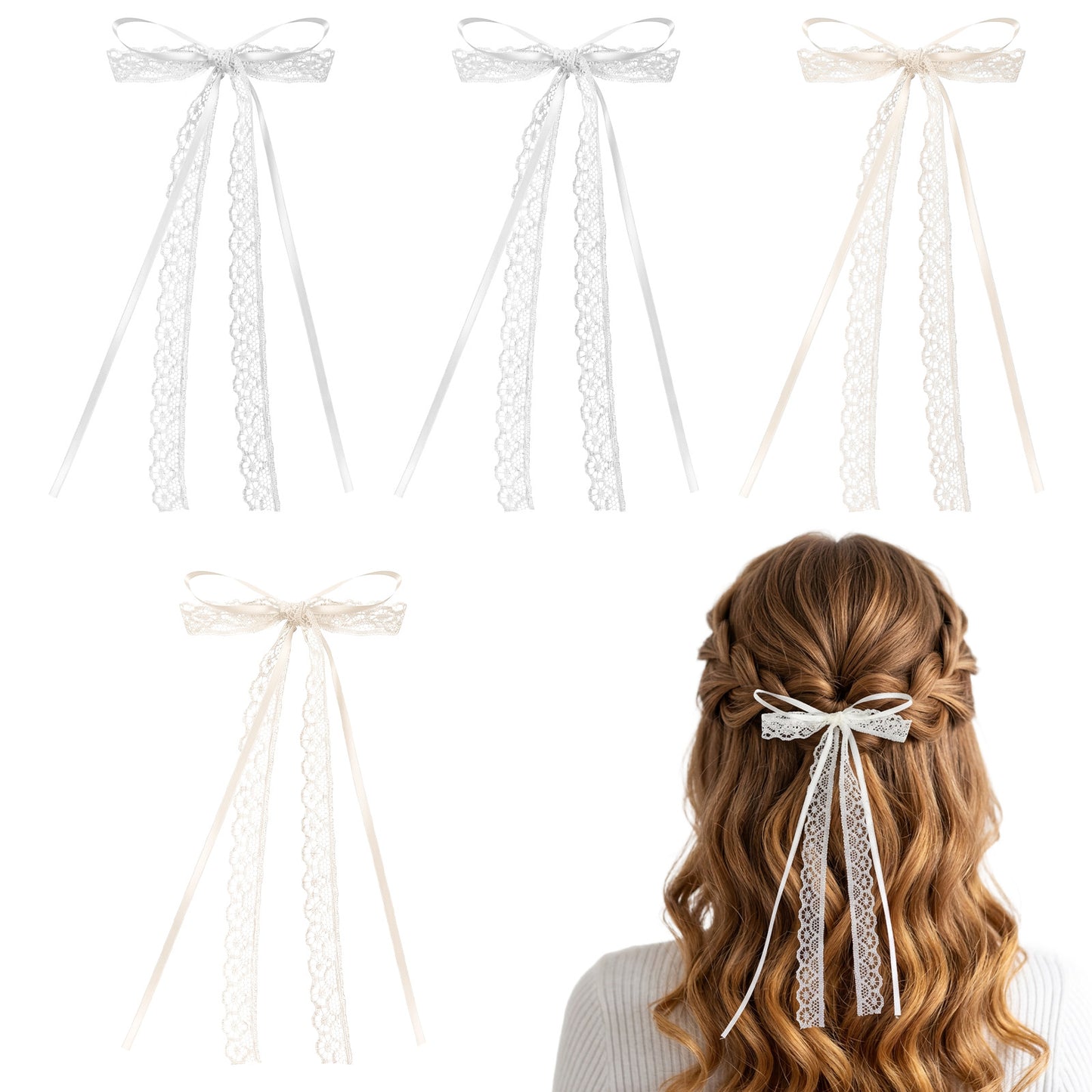 RAHHLIZS 4Pcs Lace Bow, White Long Tail Coquette Cute Lace Hair Bow