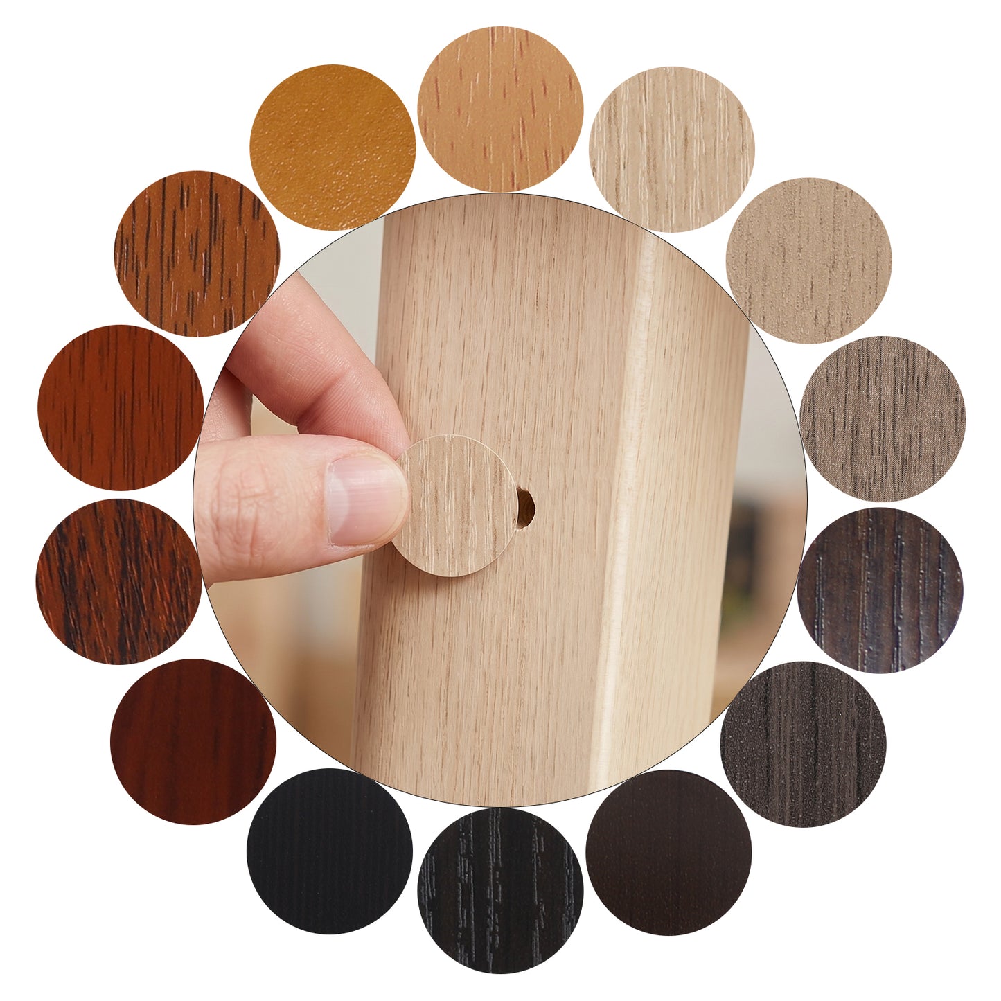 Adhesive Screw Hole Cover Stickers Wood Grain Furniture Stickers 14 Colors PVC Waterproof Screw Cover Caps Screws Hole Sticker for Wall Cabinets Desk Dustproof Wood Furniture Hole Repairing