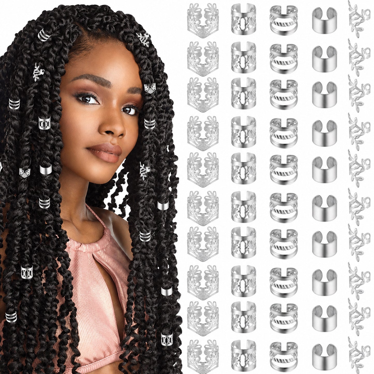 Tyqour 50 PCS Silver Hair Jewelry for Braids, Silver Hair Accessories