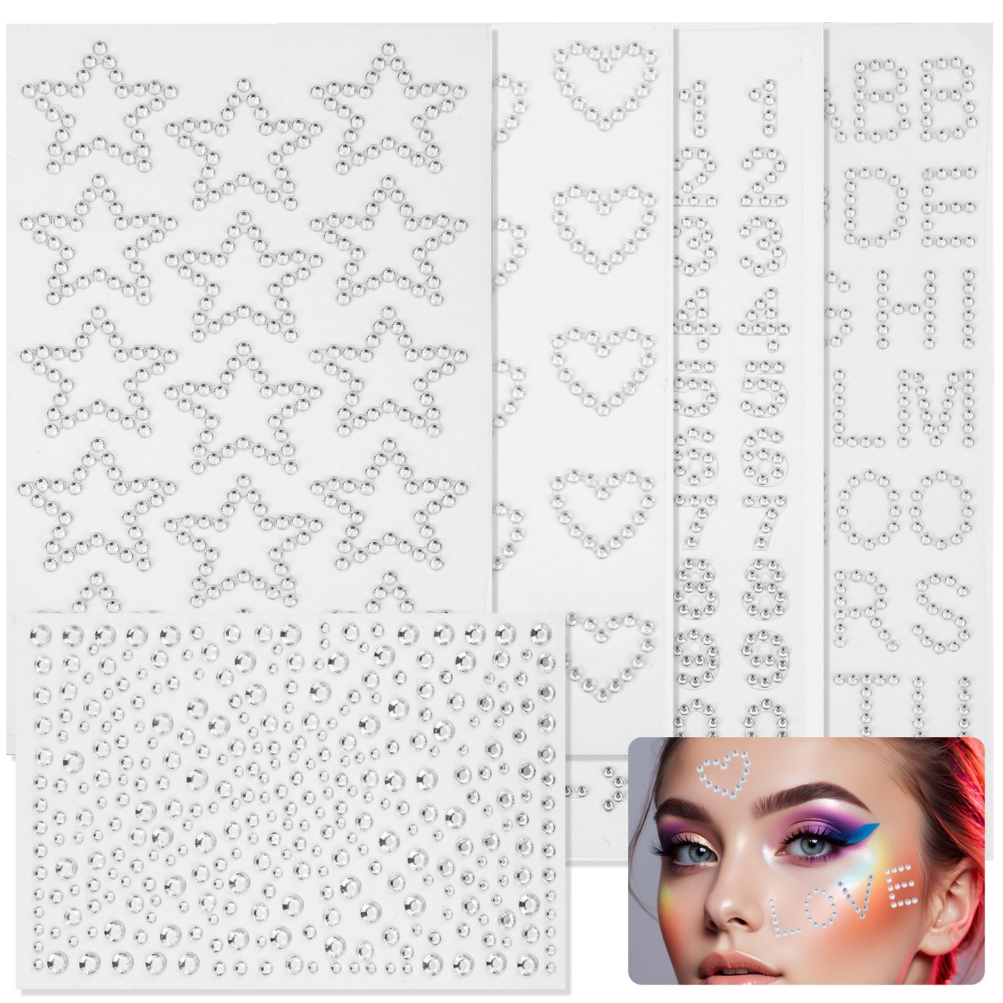 Ymapinc 5 Sheets Face Rhinestones Gem Jewel Stickers, Eyeliner Hair Rhinestones Stick On, Self Adhesive Letter Stickers for Makeup Party Body DIY Crafts Festival
