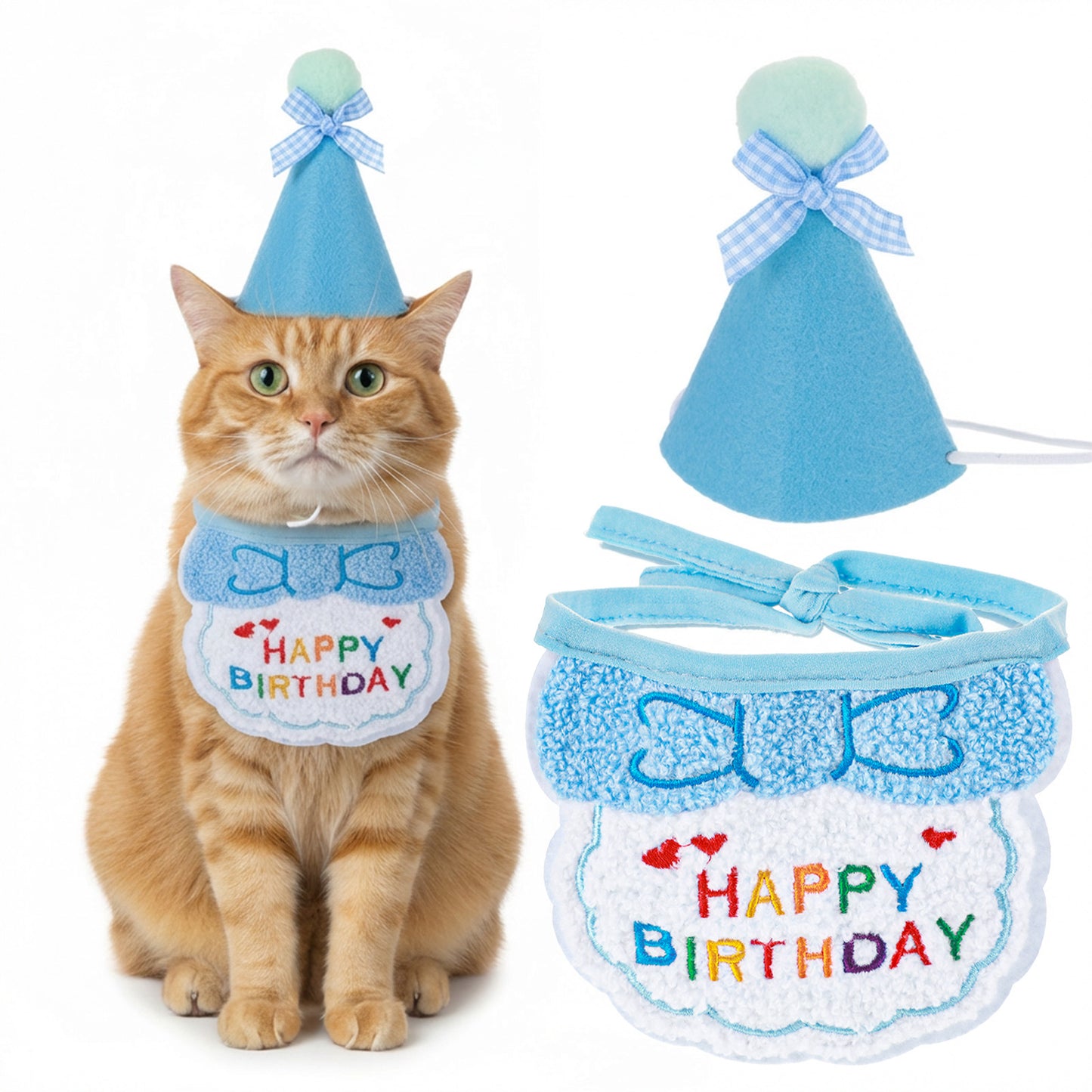 Tyqour Dog Cat Birthday Hat and Bandana Scarf, Dog Birthday Outfit, Cat Birthday Party Decorations Set for Small Medium Cats & Dogs (Blue)
