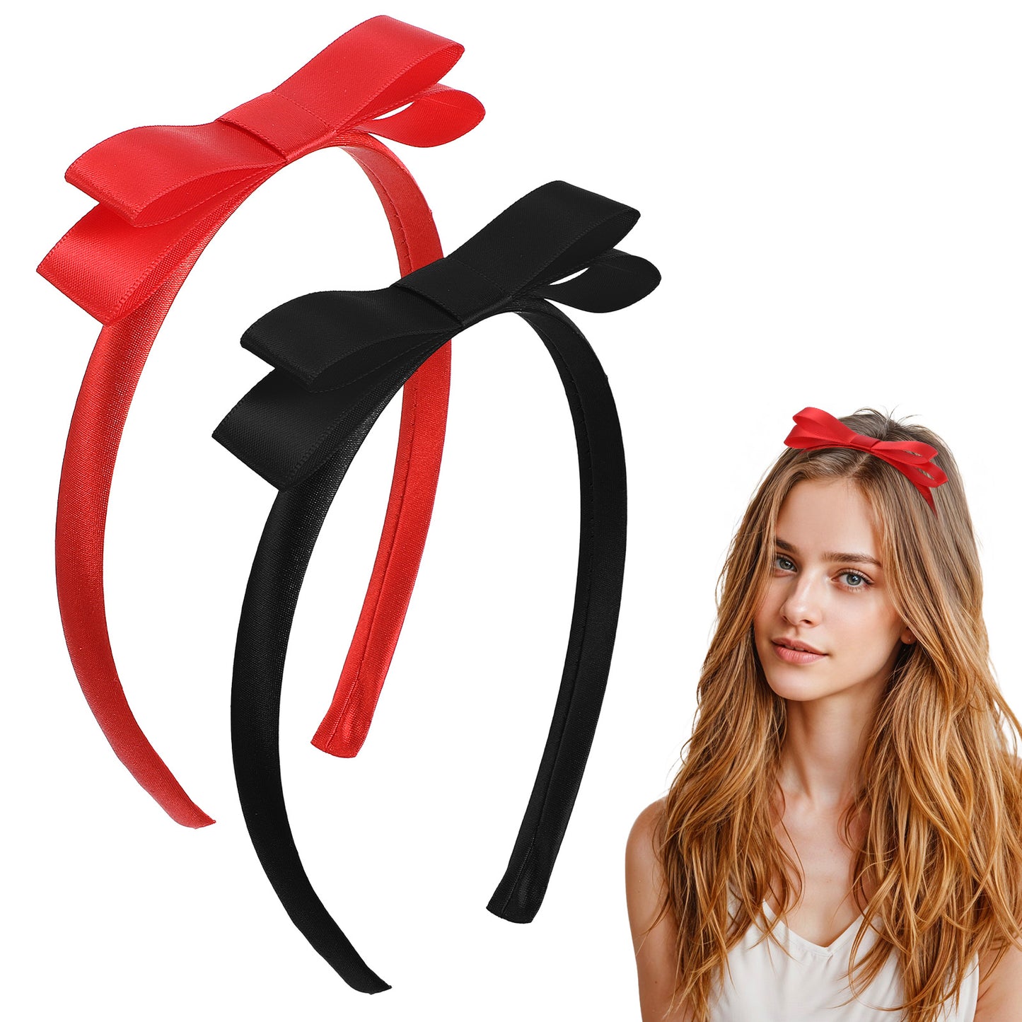 Tyqour 2 Pcs Black & Red Bow Headband for Women Cute Bowknot Headbands Bow Knotted Hair Hoop Princess Hair Accessories for Christmas World Book Day Birthday Party Costume Daily Decor